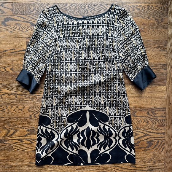 Claude Dresses & Skirts - Claude Brown 100% Silk Black and Cream Patterned Women's Shift Dress 2
